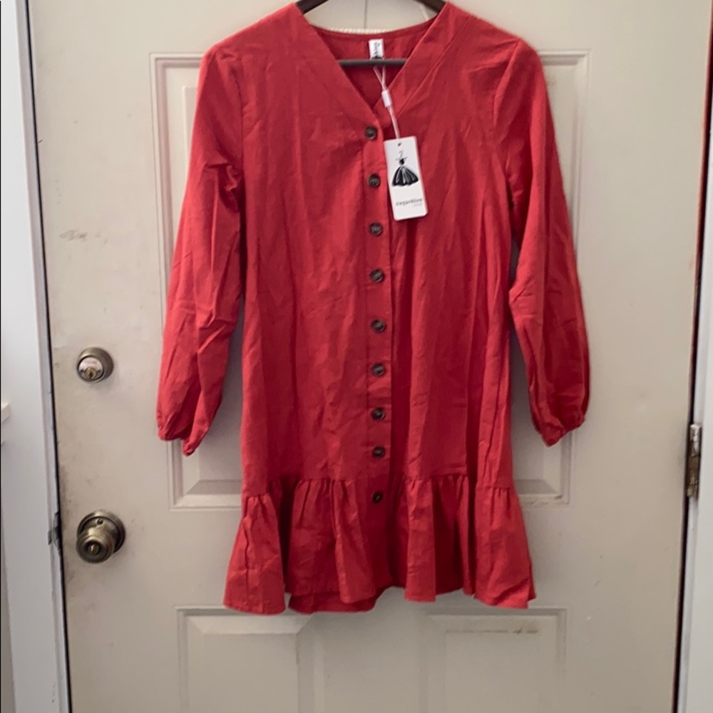 Red Ruffle Button Down Mini Dress - Picture 2 of 3